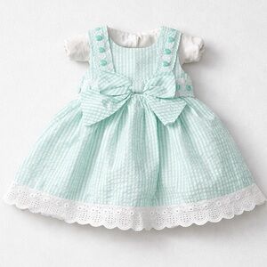 Rare Editions Mint green & white stripe seersucker dress with eyelet and bow 6-9